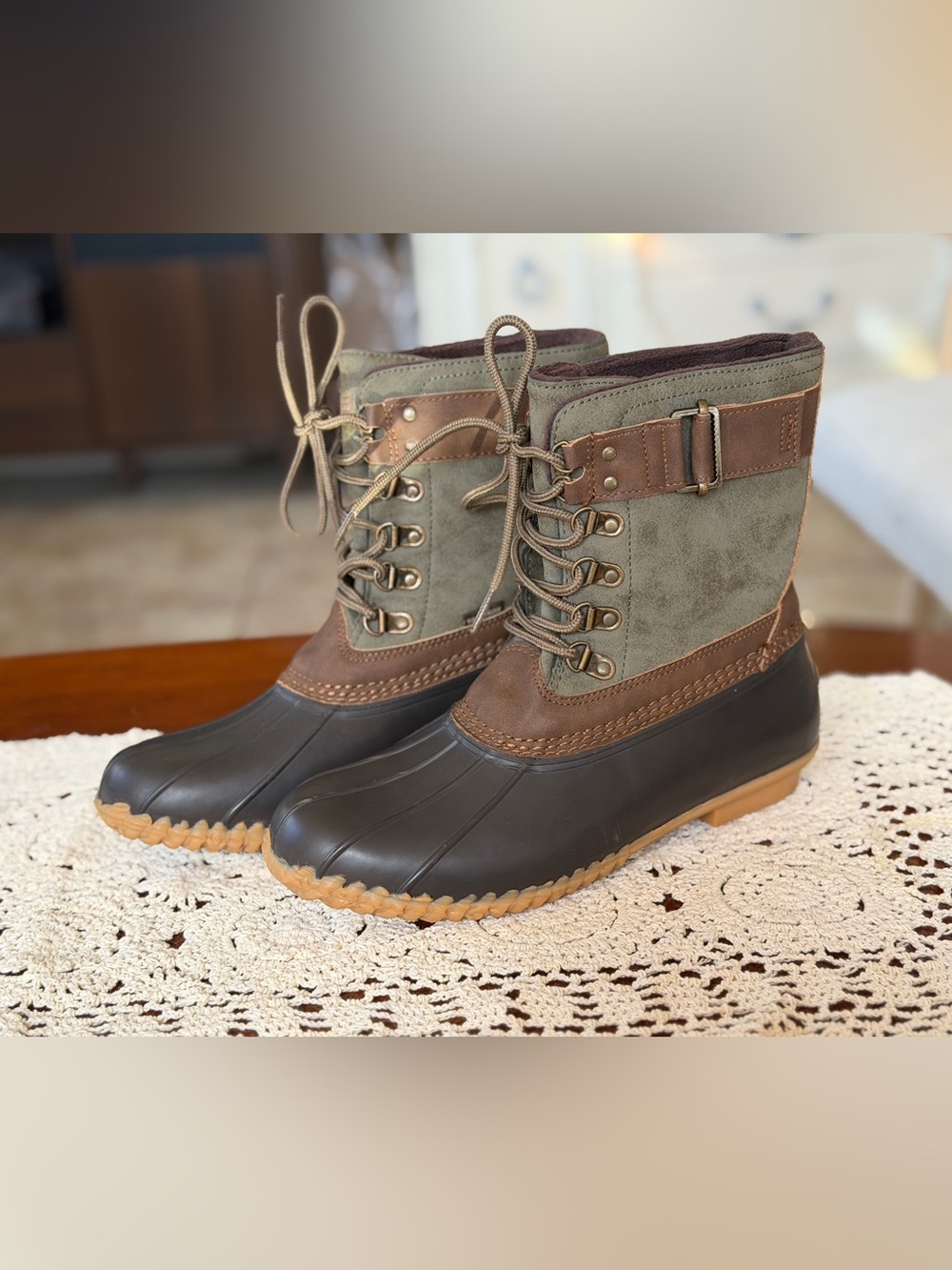 JBU Olive, Brown and Black Waterproof Lace-Up Duck Boots